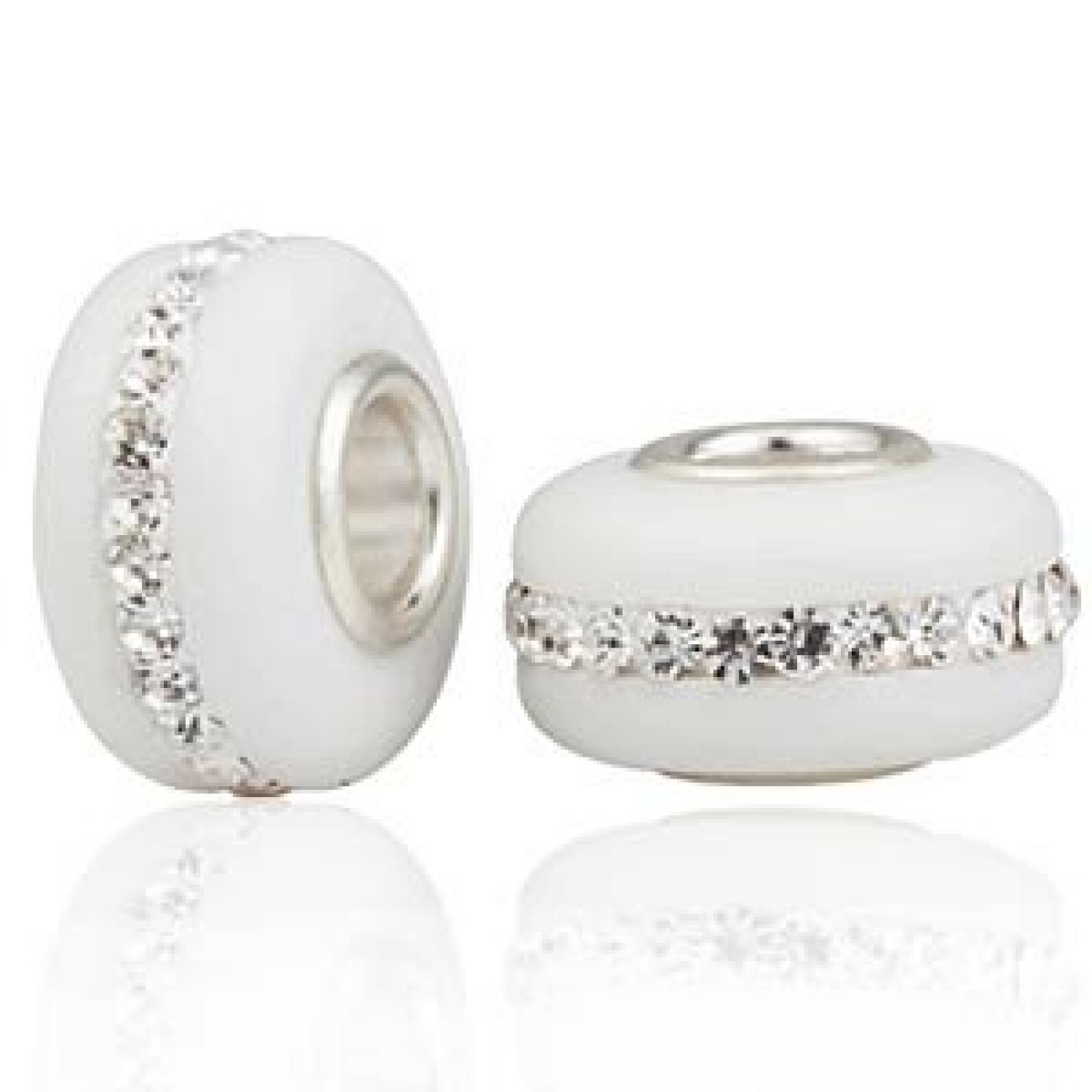 Andante-Stones Original Massiv 925 Sterling Silber Murano Milchglas Bead mit Zirkonia "Schneewei&szlig;" Element Kugel f&uuml;r European Beads + Organzas&auml;ckchen 